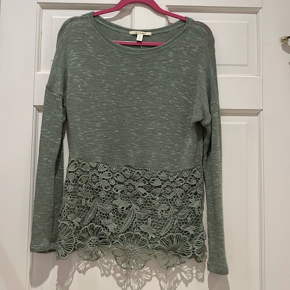 Miami Light-weight Knit Sweater with Lace Bottom, Sage Green